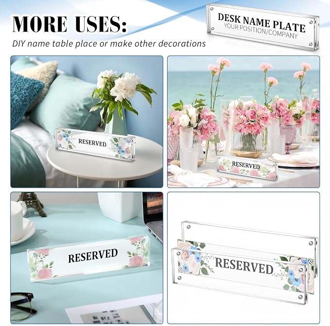 Geetery 4 Pcs Acrylic Office Desk Name Plate Personalized Clear Acrylic Block Double Sided Table Name Plate Holder Business Magnet Frame DIY Desktop Holder Accessories Decor (2" x 10")