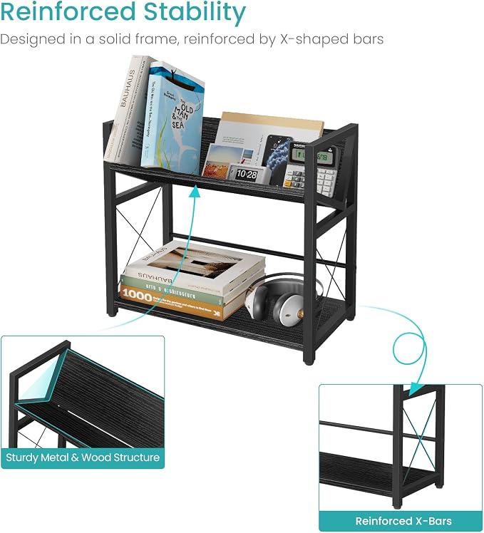 ELITEROO Desktop Bookshelf, 2 Tier Desk Book Organizer Shelf, Wood Tabletop Bookshelf Storage, Small Desk Top Bookcase for Office, Home, or Study, Mini Table Book Rack for Display, Black