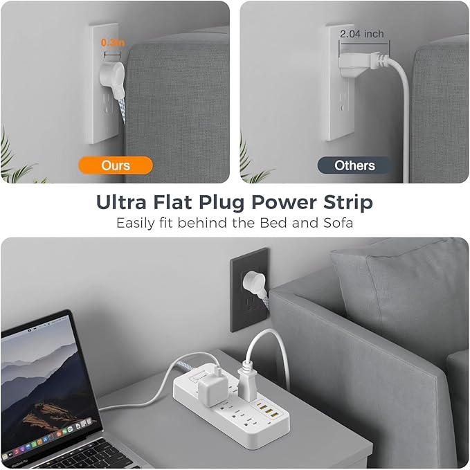 Power Strip Power Bar, Muti-Outlets Ports Desktop Charging Station, Flat Plug Overload Surge Protection Outlet Strip, USB Ports, Extension Cord, Wall Mount, Night Light Station Socket,for Home,Office