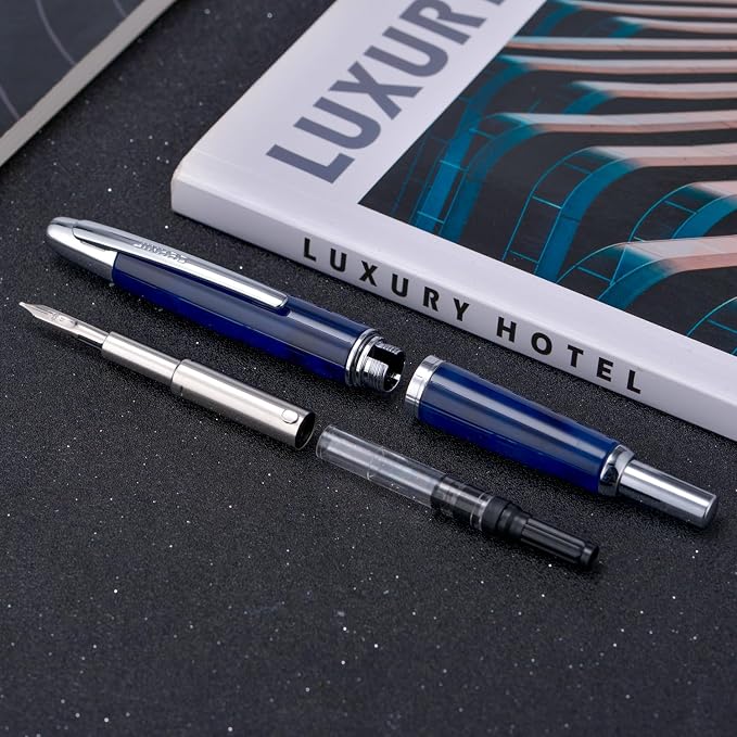 Jinhao 10 Press Fountain Pen with Box, Glacier Blue Retractable Medium Nib with Ink Converter Set (Silver Clip)