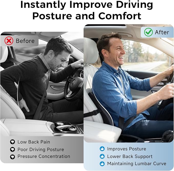 Lumbar Support Pillow for Car & Office Chair - High-Density Memory Foam Back Cushion for Sciatica & Lower Back Pain Relief - Non-Slip Support for Long Commutes & Desk Workers (Dark Gray)