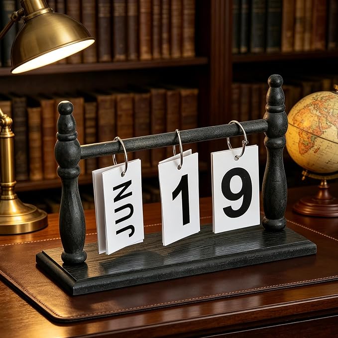 Wooden Perpetual Desk Calendar - Vintage Rustic Flip Calendar with Metal Rings & Reusable Daily Date Cards(Black)