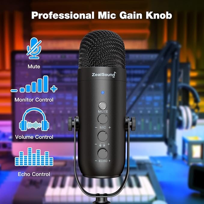 ZealSound Podcast Microphone with Boom Arm, USB Mic with Noise Reduction, Mute, Echo & Volume Control, Zero-Latency Monitoring, Compatible with PC Mac iPhone & Android, for Podcasting Gaming YouTube