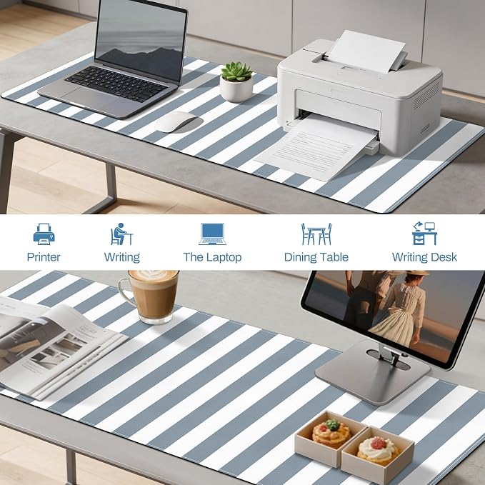 Gray Desk Pad, PU Leather Desk Mat, XXL Extended Mouse Pad Waterproof Striped Desktop Blotter Protector, Non-Slip Large Laptop Keyboard Writing Mat for Office Home