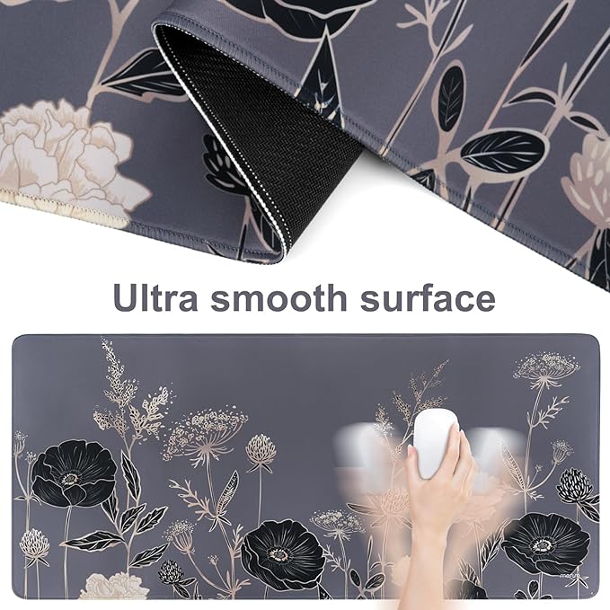 MOSISO Keyboard Mouse Pad Set, Large Gaming Mouse Pad&Keyboard Wrist Rest&Mouse Wrist Rest&Coaster, Ergonomic Non-Slip Retro Flower Floral Mousepad with Raised Memory Foam for Home Office, Gray