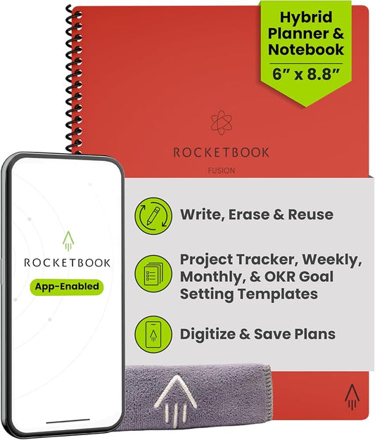 Rocketbook Fusion Reusable Undated Productivity Planner, Executive Size 6x8.8, Red - Goals, Monthly and Weekly Calendar, Daily To-do List, Lined and Dotted Notes Pages