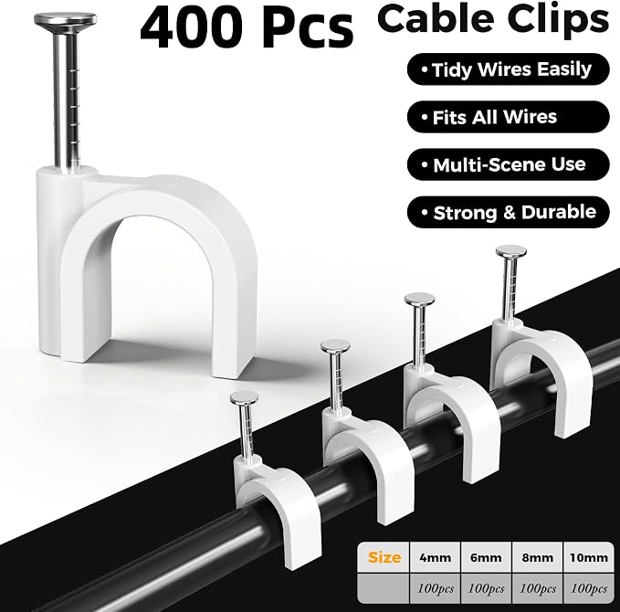 400 Pcs Cable Clips Nail in, Cord Clips Ethernet Cables 4/6/8/10mm White | Wire Wall Clips Cable Straps Cables Tacks Cable Nails Coax Cable Clips Cable Management for Speaker RG6 RG59 CAT6 RJ45