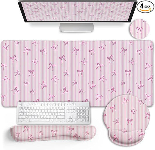 LIMKRIAN Pink Striped Mouse Pad with Wrist Rest Desk Mat Set for Keyboard | Non-Slip PU Base, Stitched Edges, Gel Wrist Rest Eases Pain, Smooth Surface, 35.4x15.7in, Office/Gaming/Home Pink Desk Decor