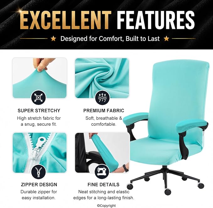 Stretch Computer Office Chair Cover with Armrest Covers Durable Zipper Universal Washable Removable Spandex Rotating Boss Chair Slipcovers Anti-dust Soft Desk Chair Seat Protector, Tifanny Blue