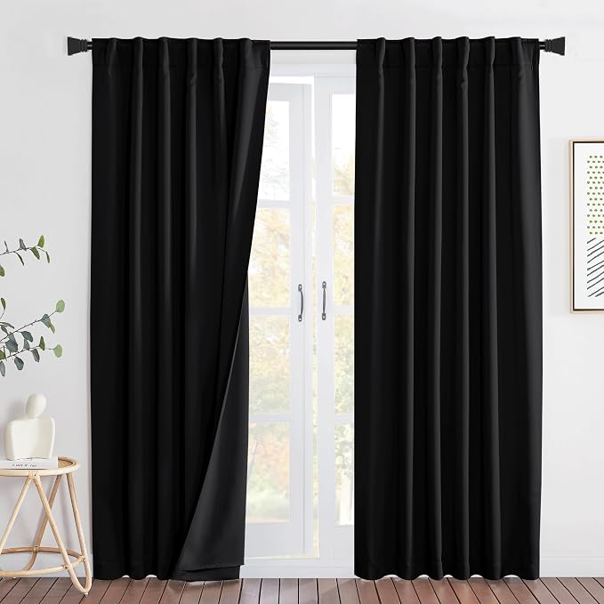 NICETOWN Sound Blocking and Heavy-Duty Space Divider Curtains with Back Tab, Lined Insert Noise - Blackout - Thermal Insulation Drapes for Room Divider/Space Solutions/Living Room(Black, 84" Long)