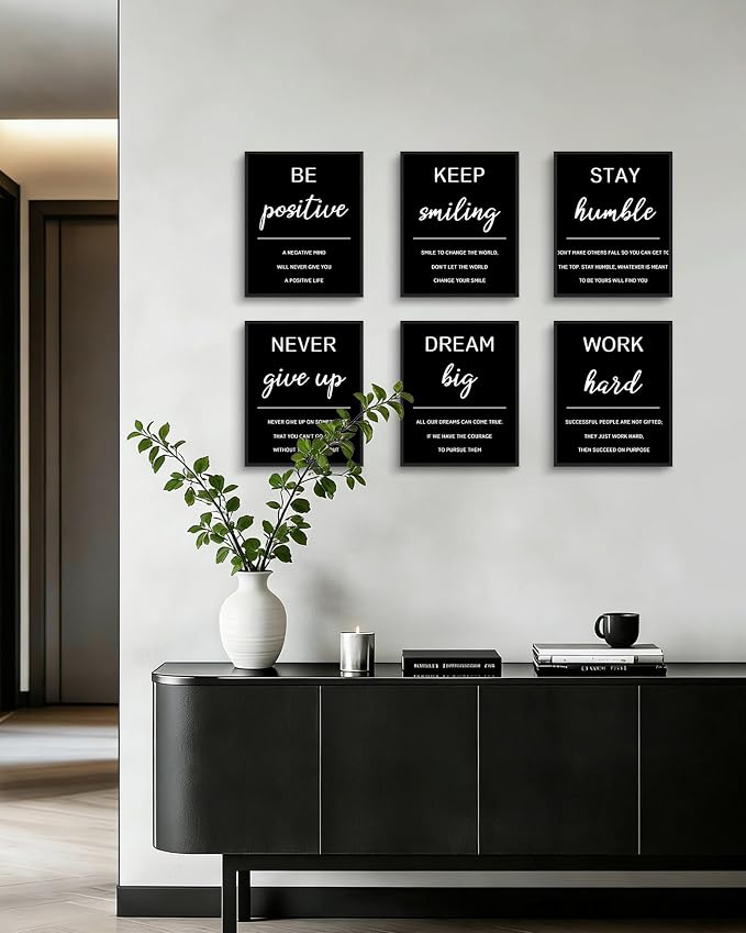 KUVIOKE Inspirational Framed Wall Art Motivational Quotes Wall Decor Encouraging Office Posters Sayings for Classroom Bedroom Living Room Ready to Hang Set of 6, 8x10in (Black Framed)