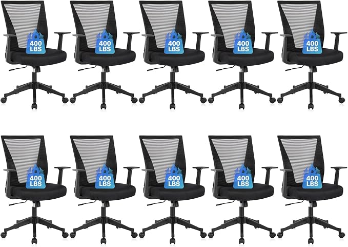CLATINA Big and Tall Office Chair, Heavy Duty Ergonomic Mesh Computer Desk Chair with Armrests, Adjustable Height Rolling Swivel Mid Back Executive Task Chairs for Home Office Conference, Black, 10PK