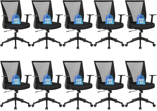 CLATINA Big and Tall Office Chair, Heavy Duty Ergonomic Mesh Computer Desk Chair with Armrests, Adjustable Height Rolling Swivel Mid Back Executive Task Chairs for Home Office Conference, Black, 10PK