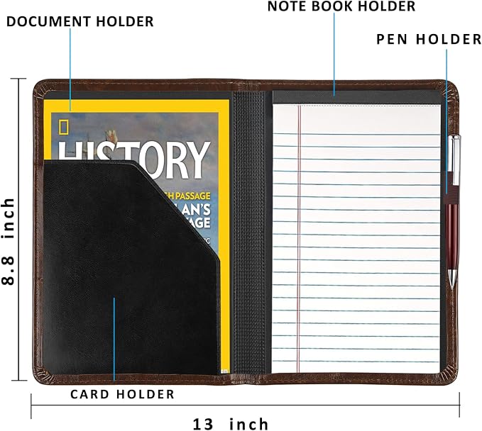Padfolio/Portfolio Binder, Mini Padfolio Portfolio Binder 5 x 8 Legal Writing Pad, A5 Document Organizer Folder for Men Women,Brown.