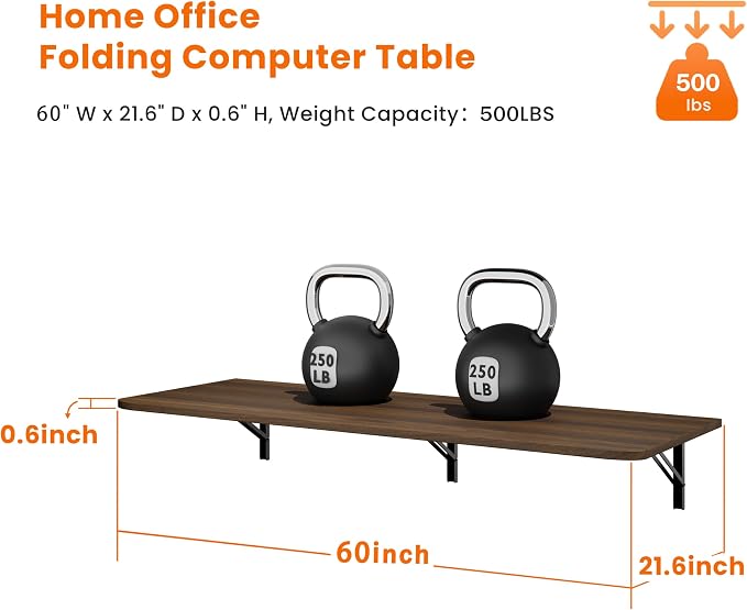 IAE Wall Mounted Floating Foldable Desk 60" x 22" Folding Computer Workstation Table with Engineered Wood and Metal Shelf Brackets,Fold&Floating Design for Home Office, Apartment,Laundry Room,Walnut