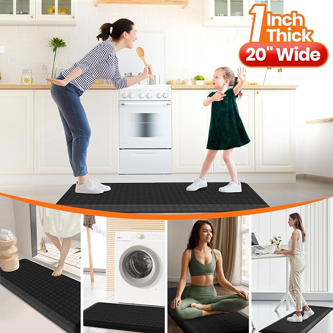 1" Thick Kitchen Mats for Floor, Water Resistant Floor Rug,Black/48" x 20" | Non-slip, Heavy Duty, Anti Fatigue Kitchen Rugs, Standing Desk Mat for Friends, Home, Office, Kitchen