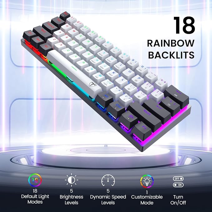 Portable 60% Mechanical Gaming Keyboard,Wired ErgonomicKeyboard with Red Switches,18 LED Backlit Keyboard,61 Keys Ultra-Compact Mini OfficeKeyboard for PC/Mac/Xbox,Easy to Carry On Trip-Black/White