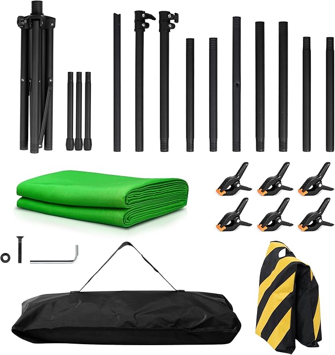 Green Screen Backdrop with Stand, 8x7.2ft Portable Greenscreen Background with Stand, T-Shape Green Screen Stand kit with 6 Spring Clamps, Sandbag, Carry Bag for Zoom, Video