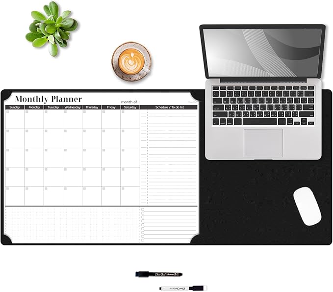 Multi-Functional Dual-Layer Dry Erase Desk Mat, Dry Erase Calendar for Desk - Erasable Desktop Writing Board with Calendar - Non-Slip Faux Leather Desk Protector for Home&Office - 16"x34" Black