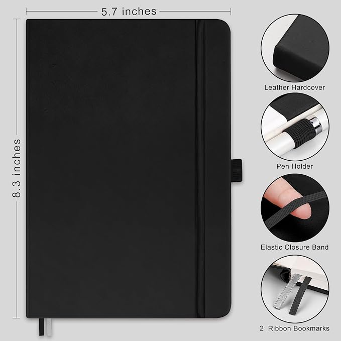 AHGXG Lined Journal Notebook, 160 Numbered Pages, A5 Medium Size (5.7'' x 8.3''), 120 GSM Thick Paper, for Men & Women, Journaling, Writing, Work & Office, Leather Hardcove (Black)