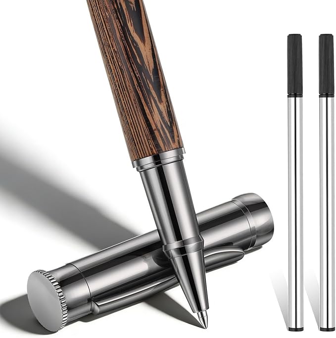 ElevateTech Wood Rollerball Pen Set with 2 Ink Black Refills | Fancy Writing Pen Luxury Executive Writing Instrument Office, Birthday Gift for Women & Men Cool Wooden Pens, Brown