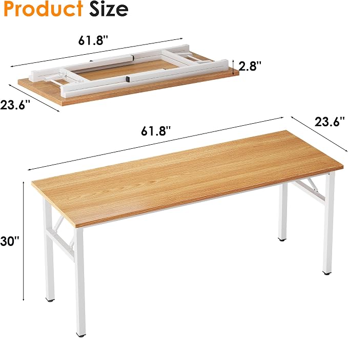 SogesHome 62 Inches Foldable Desk for Home Office, Large Compact Computer Table with Adjustable Leg Pads, No Assembly Needed Folding Writing Conference Desk Gaming Table for Small Spaces, Teak White