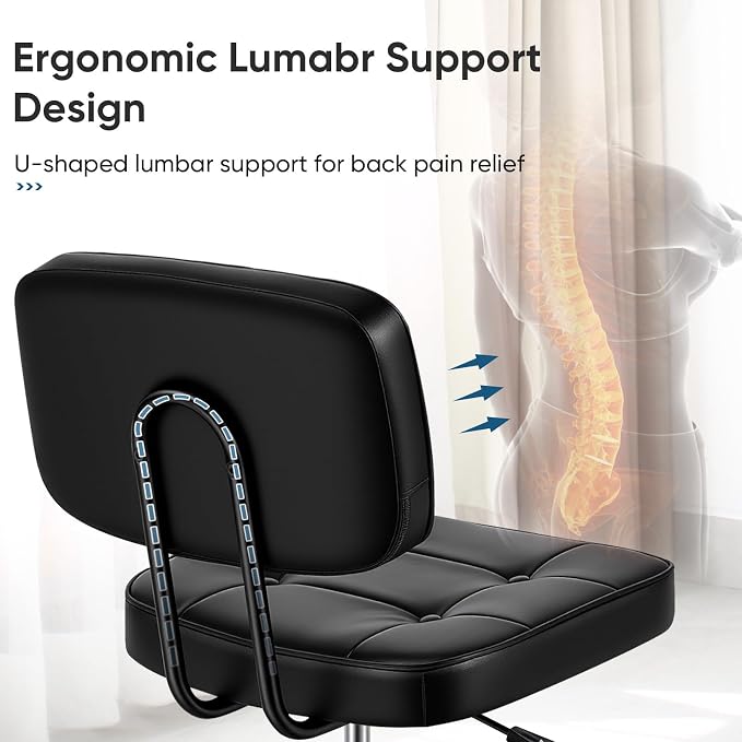 DUMOS Armless Office Desk Chair, Small Vanity Chair with Lumbar Support | PU Leather, 360° Rolling Swivel, Height Adjustable, Fit Computer Task, Bedroom Living Room, Black