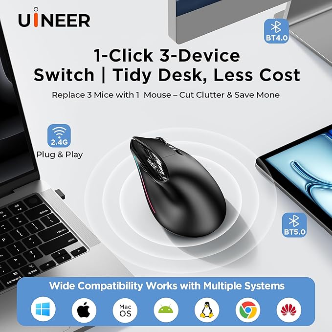 Uineer Wireless Ergonomic Mouse, Wireless Bluetooth Rechargeable Vertical Mouse, 7 Color LED, 4 DPI Adjustable, USB-A Receiver, Wrist Strain Relief,Optical Mice for Computer/PC/Laptop, Black (Black)