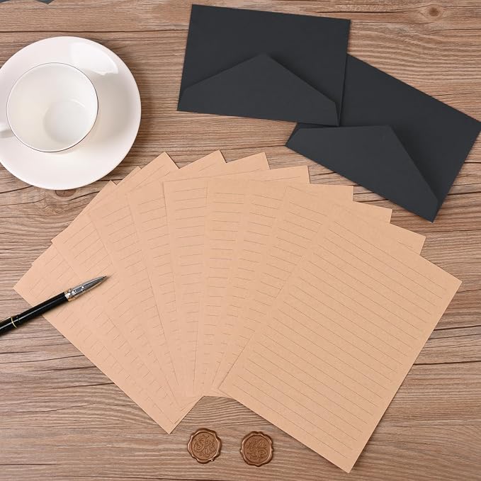 48 Pieces Stationery Set with Envelopes (24 Kraft Paper Sheets + 12 Linen Texture Envelopes+12 Wax Seal Stickers), Stationery Letter Writing Paper Set for Love Letters and Party Invitations (Black)