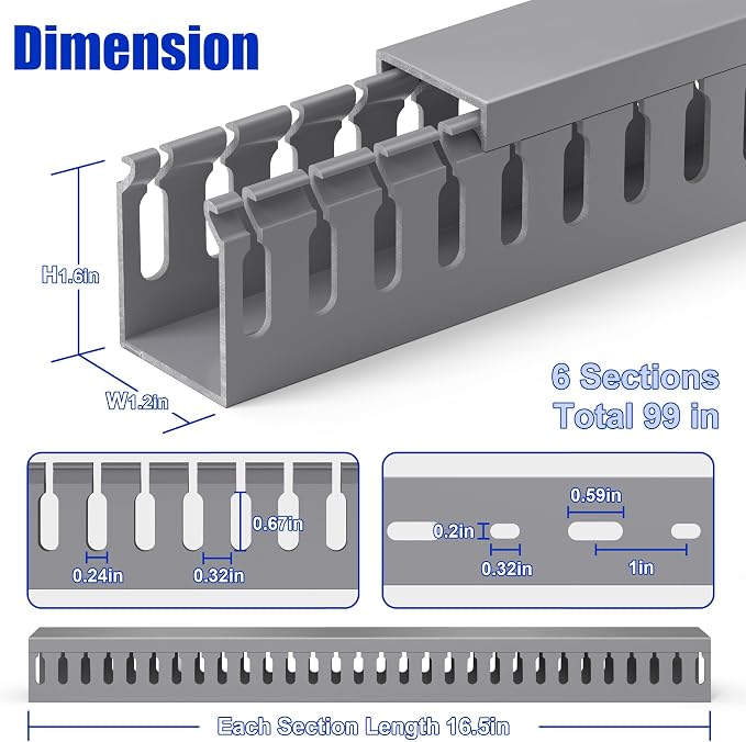 1.6"H x 1.2"W Cable Raceway, 99in Under Desk Wire Management Channel, Grey | Slotted Wire Duct, 6Pack, 16.5in Each, Heavy-Duty PVC Cable Management for Server Racks, Network Cables & Electrical Cabinets