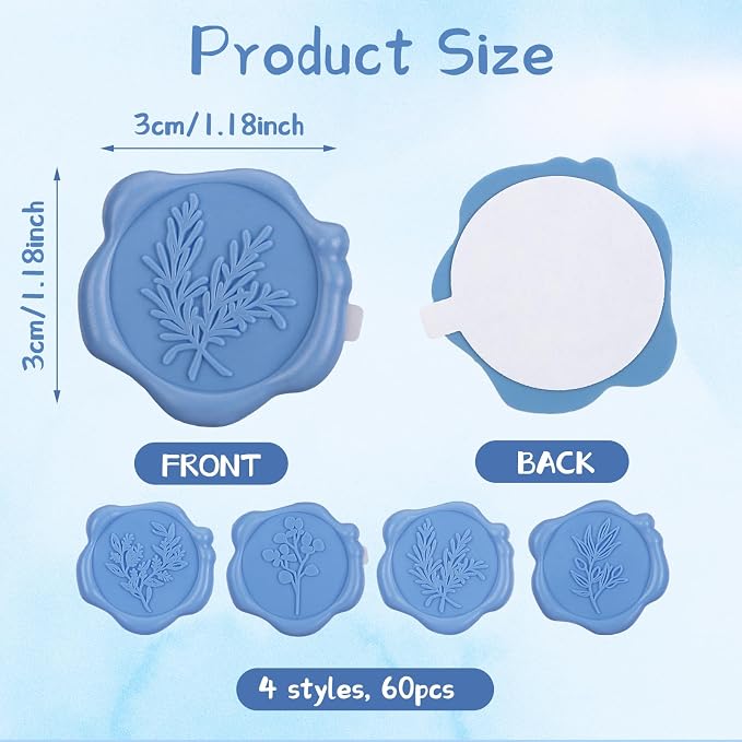 60Pcs Wax Seal Stickers, Wedding Invitation Envelope Seal Stickers Adhesive Backed Dusty Blue for Baby Shower, Wedding, Party, Gift Wrapping (4 Leaf Styles)