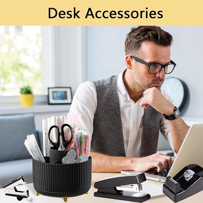 Office Supplies,Black Desk Accessories,Office Supplies Set,Desk Organizer,Stapler,Tape Dispenser,Scissors,Staple Remover,Binder Clips,Staples,Ballpoint Pen,Index Tabs with Ruler,Clear Tape.10pcs