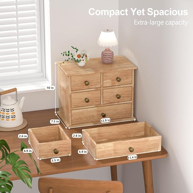 Oak Desk Organizer with Drawers, Durable Wooden Desktop Storage Box | 5 Drawer Tabletop Organizer with Metal Handle & Non-Slip Pad for Office, Bedroom, Bathroom, Vanity, Makeup, Light Burnt Brown