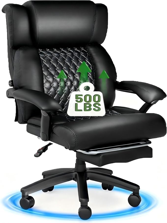HOMREST 500lbs Big and Tall Office Chair, Ergonomic Heavy Duty Chair with Adjustable Lumbar Support & Backrest, Executive Leather Office Chair with Wide Armrests and Wheels (Black)