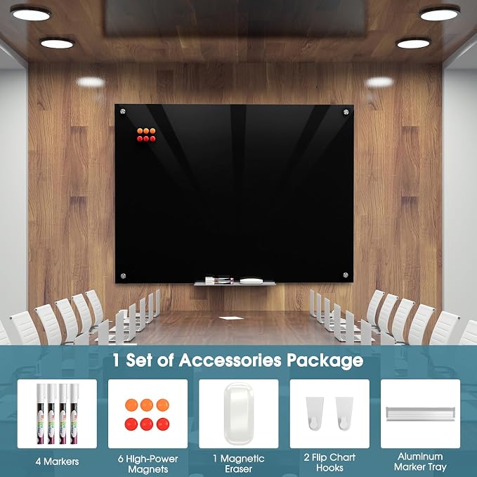 MaxGear 48" x 36" Glass Whiteboard Wall Mounted for Office Home Classroom | Magnetic Glass Dry Erase Board, Tempered Glass, Steel Backed, Non-Porous Surface, Frameless Design, Hardware Included