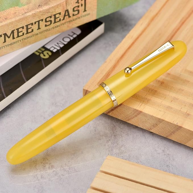 Jinhao 9019 DaDao Series Fountain Pen, Size 8 Fine Heartbeat Nib with Large Ink Converter, Yellow Jade Acrylic Design Smooth Writing Pen (Gold Trim)