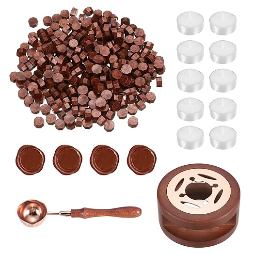 PATIKIL Wax Seal Kit, 300 Pcs Wax Sealing Beads, Wooden Warmer, Melted Spoon, 10 Pcs Tealight Candles for Envelope Letter Mailing Crafts DIY, Red Gold