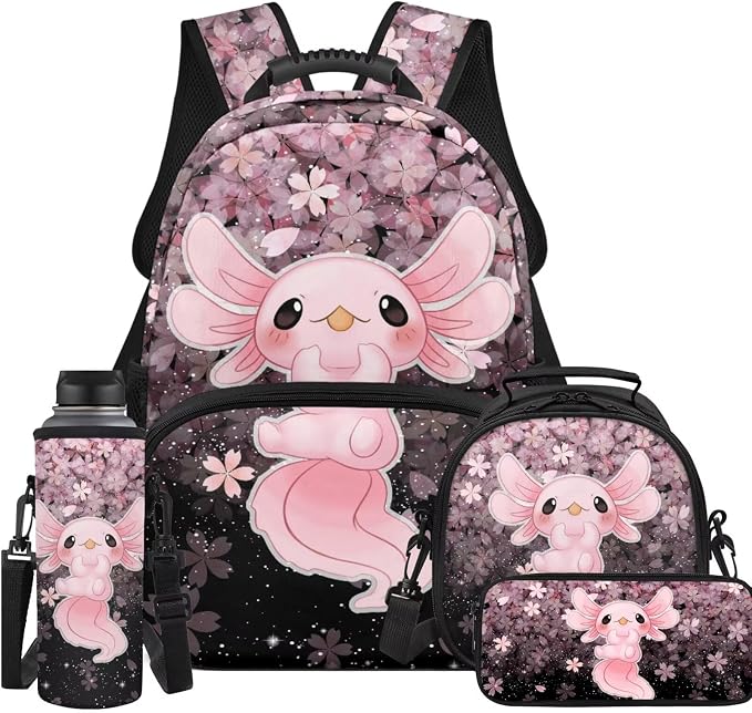 Ystardream Cherry Blossom Axolotl Backpack With Lunch Box for Girls Large Elementary Bookbag 17 Inch Laptop School Backpack Sturdy Rucksack with Pencil Case&Water Bottle Sleeve for Teenager Student
