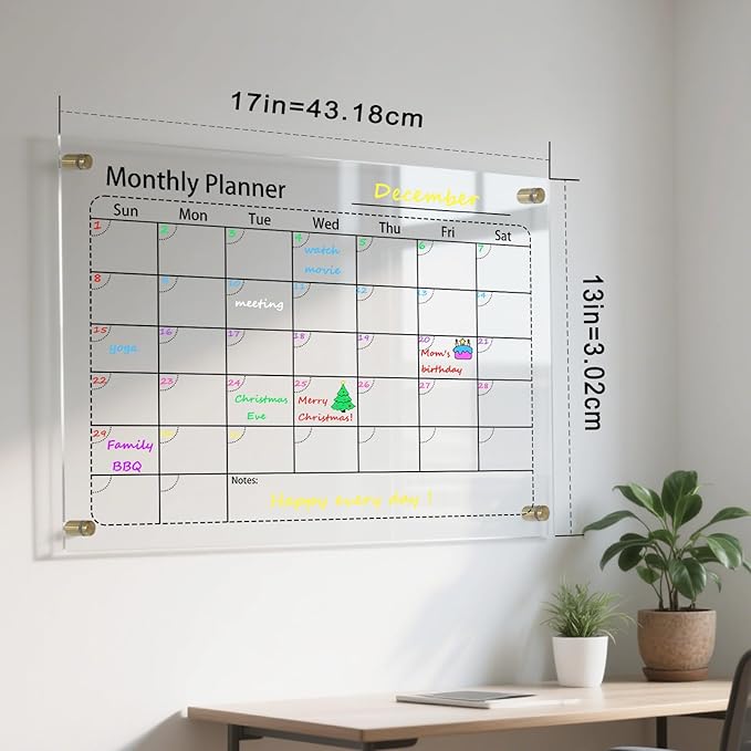 IJIJIJ- 17×13” Clear Acrylic Calendar for Wall, Acrylic Wall Calendar Dry Erase Board, Reusable Monthly Whiteboard, Family Planner for Wall with 8-Color Markers, Perfect for Home, Office & Classroom