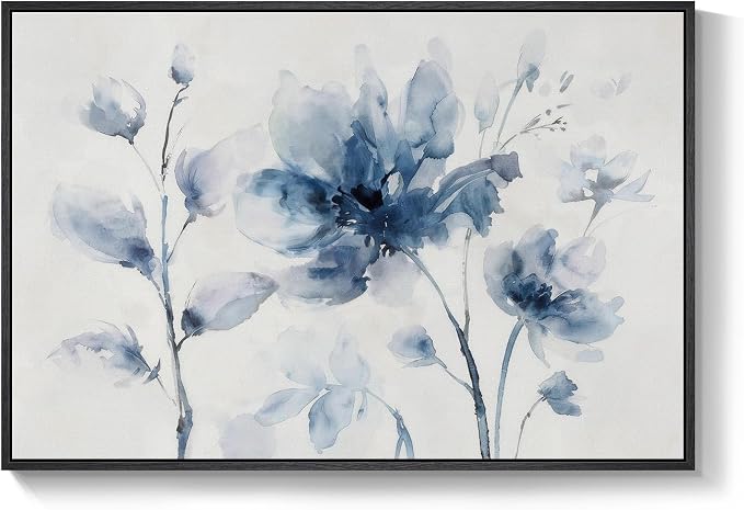 Framed Blue Floral Wall Art for Bedroom, Modern Botanical Canvas Painting Prints, Natural Minimalist Pastel Watercolor Elegant Flower Pictures for Living Room Dining Room Office Wall Decor, 24x36 Inch