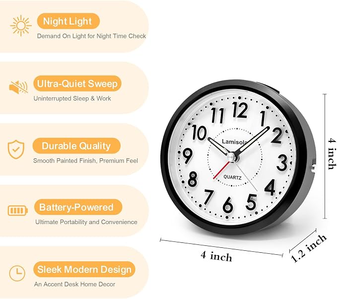 Lamisola 4 Inch Alarm Clock for Bedrooms, Small Analog Desk Clock, Black | Battery Operated Bedside Clock for Bedroom Bathroom Home Nightstand Shelf, Night Light Snooze, Minimalist Clocks for Seniors
