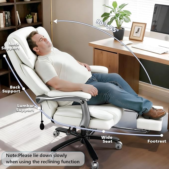 WAILOR 600lbs Big and Tall Office Chair for Heavy People,Heavy Duty Comfy Executive Office Desk Chair with Adjustable Lumbar Support,High Back Reclining PU Leather Computer Chair (Classic, White)