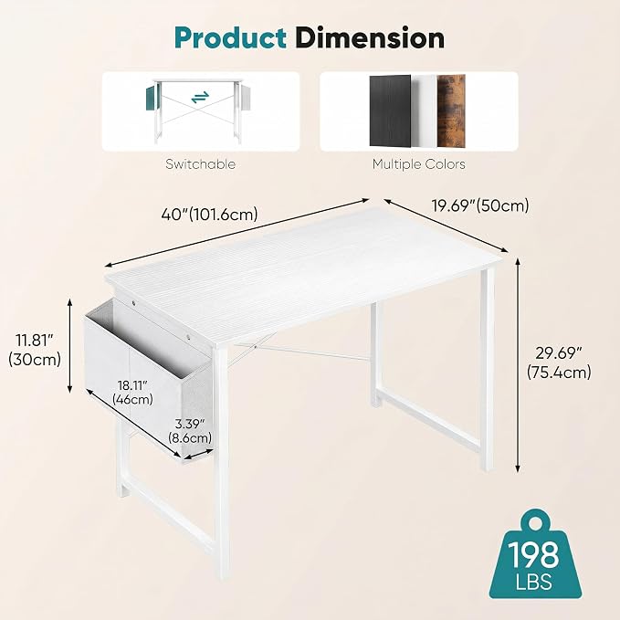 OLIXIS Small Computer Desk, 40 Inch Home Office Desks, Writing Study Craft Work Gaming Table, Computer Workstation for Bedroom Small Spaces with Storage Bag and Headphone Hook, White