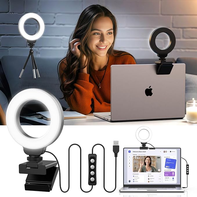 Ring Light for Laptop/Computer,Zoom Call, 4'' Small Video Conference Lighting with Webcam Style Mount and Tripod,3 Light Modes&10 Brightness Levels,Selfie