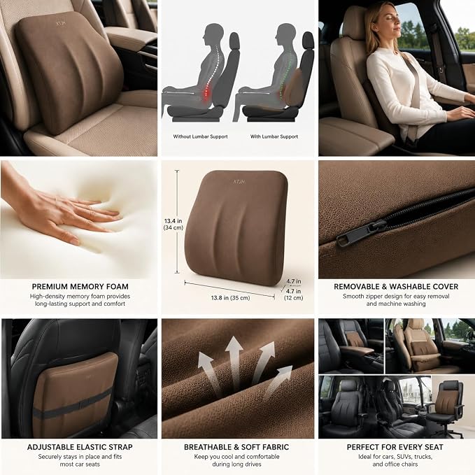 Lumbar Support Pillow for Car, Ergonomic Memory Foam Back Cushion for Driving Comfort, Breathable Lower Back Support for Car Seat, Truck, SUV & Office Chair (Brown)