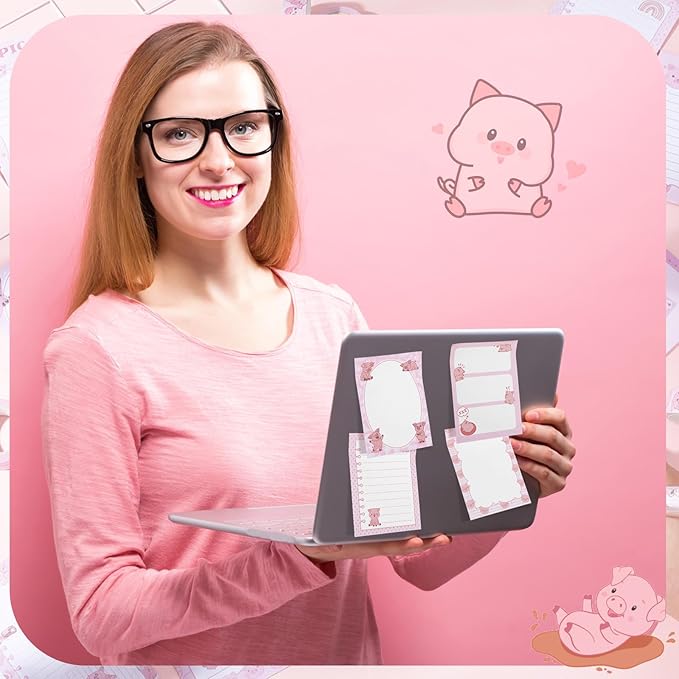 12 Pads Piggy Sticky Notes 3x4 Inch Cute Self Stick Notepads Notes Adhesive Memo Pad Office Decor Gifts Pink Kawaii Memo for Christmas Students School Teacher Meeting Office Supplies
