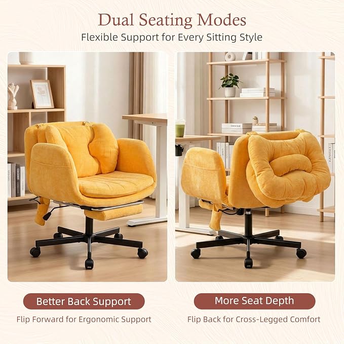 Criss Cross Office Chair with Footrest and 5-Gear Adjustable Arms, Yellow | Wide seat cross-legged desk chair, flip lumbar pillow, airbag support, linen fabric, for home office, vanity and meditation