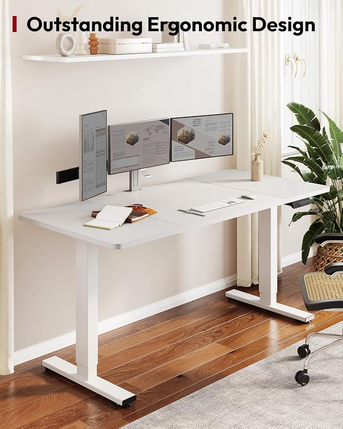 SANODESK Dual Motor Electric Standing Desk 63 x 28 Inches, Height Adjustable Sit Stand Desk with Large Splice Board for Home Office, Computer Workstation, Study & Gaming, White Frame/White Top