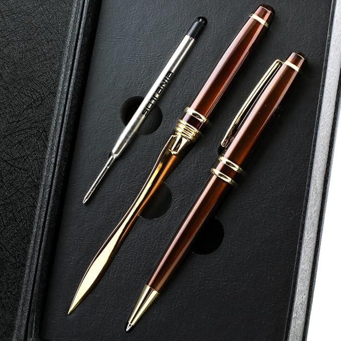 Custom Engraved Executive Pen Gift Set – Personalized Brass Ballpoint Pen with Matching Paper Tool – Elegant Gift Box (Brown)
