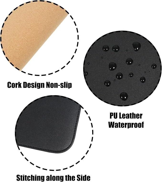 Large Double Sided Desk Mat 31.5" x 15.7" PU Leather Cork Mouse Pad | Large Black Overlocked Edge Desk Pad Protector for Office Home Gaming Laptop Vanity, Overlocked with Matching Thread